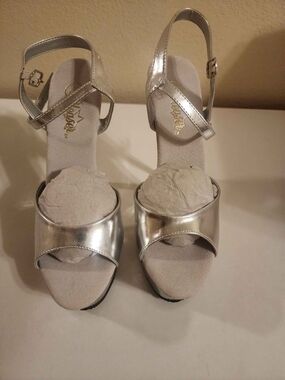 Pleaser Metallic Silver Platform Ankle Strap Heels